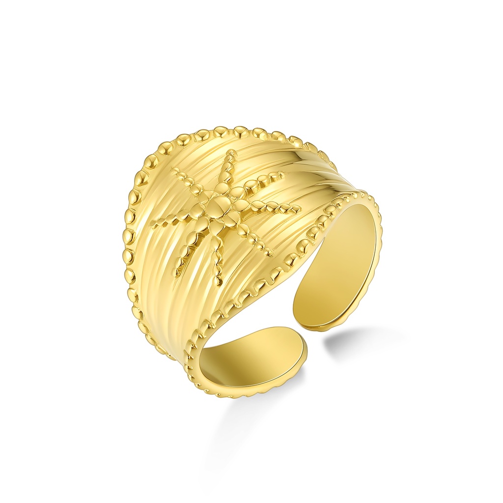 Gold-Tone Stainless Steel Sunburst Adjustable Ring with Beaded Textured Edges