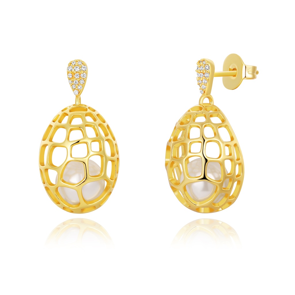 Golden Cage Teardrop Earrings with Pearl Core Design