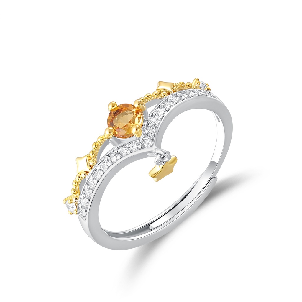 Golden Crown Ring with Citrine Gemstone and Diamond Accents