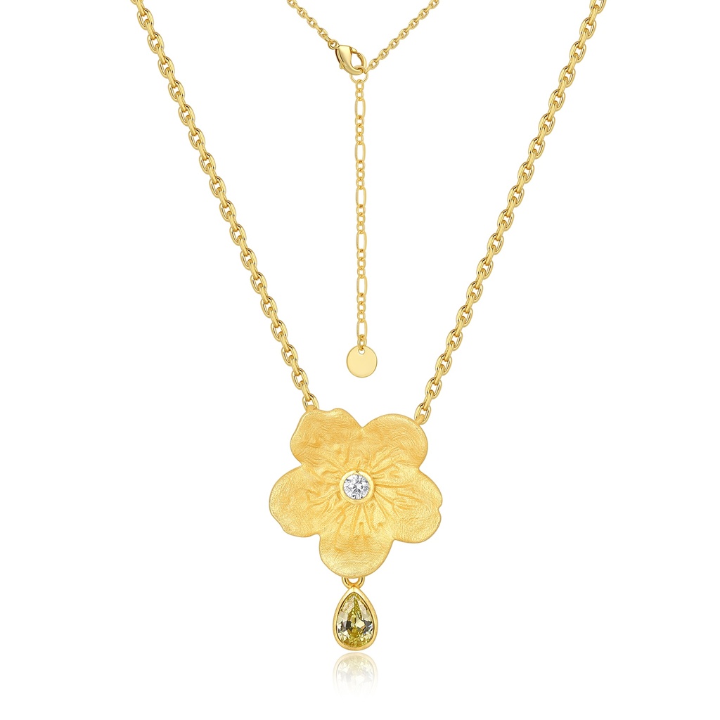 Golden Floral Pendant Necklace with Sparkling Crystal and Drop Accent