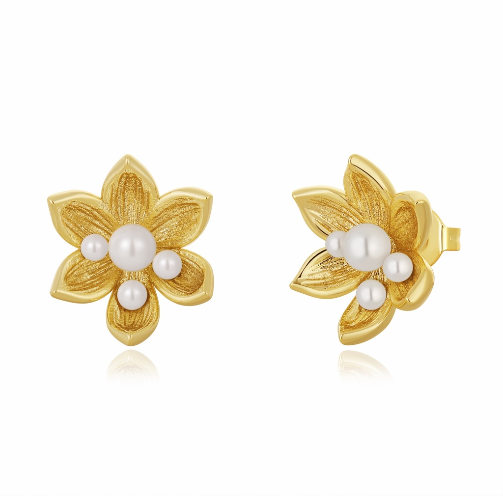 Golden Floral Stud Earrings with Clustered White Pearl Accents