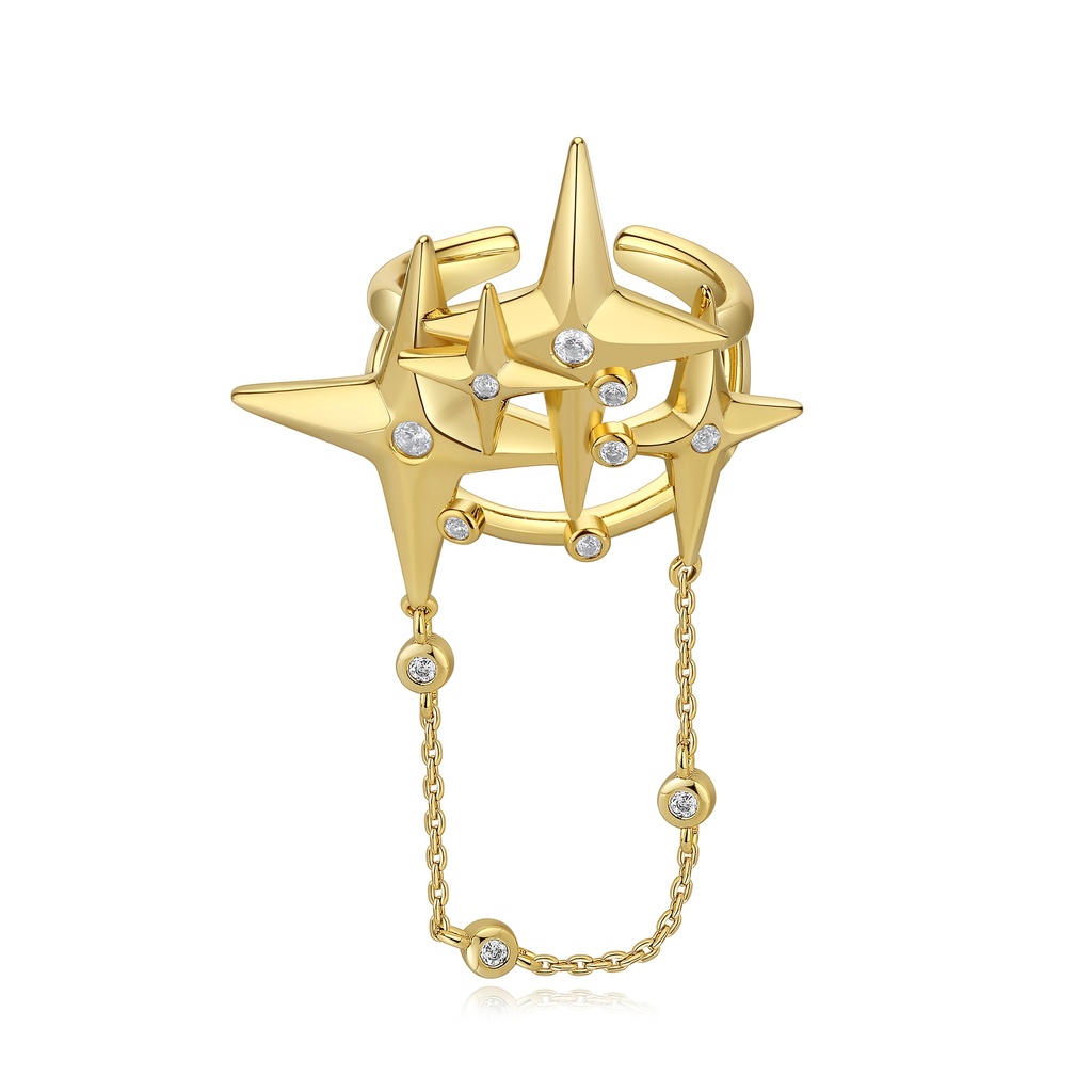 Golden Galaxy Star Ring with Chain and Crystal Accents