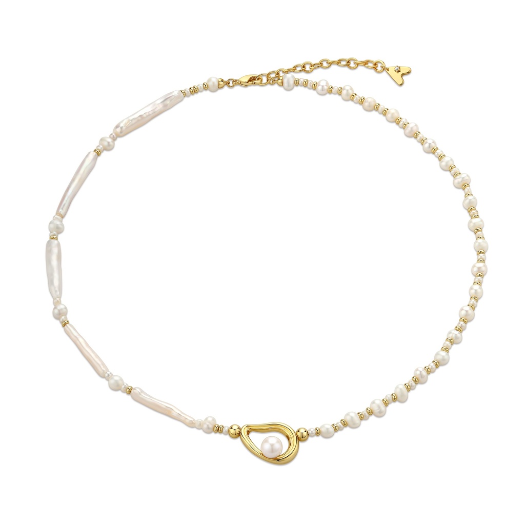 Golden Pearl Necklace with Baroque Freshwater Beads and Charm