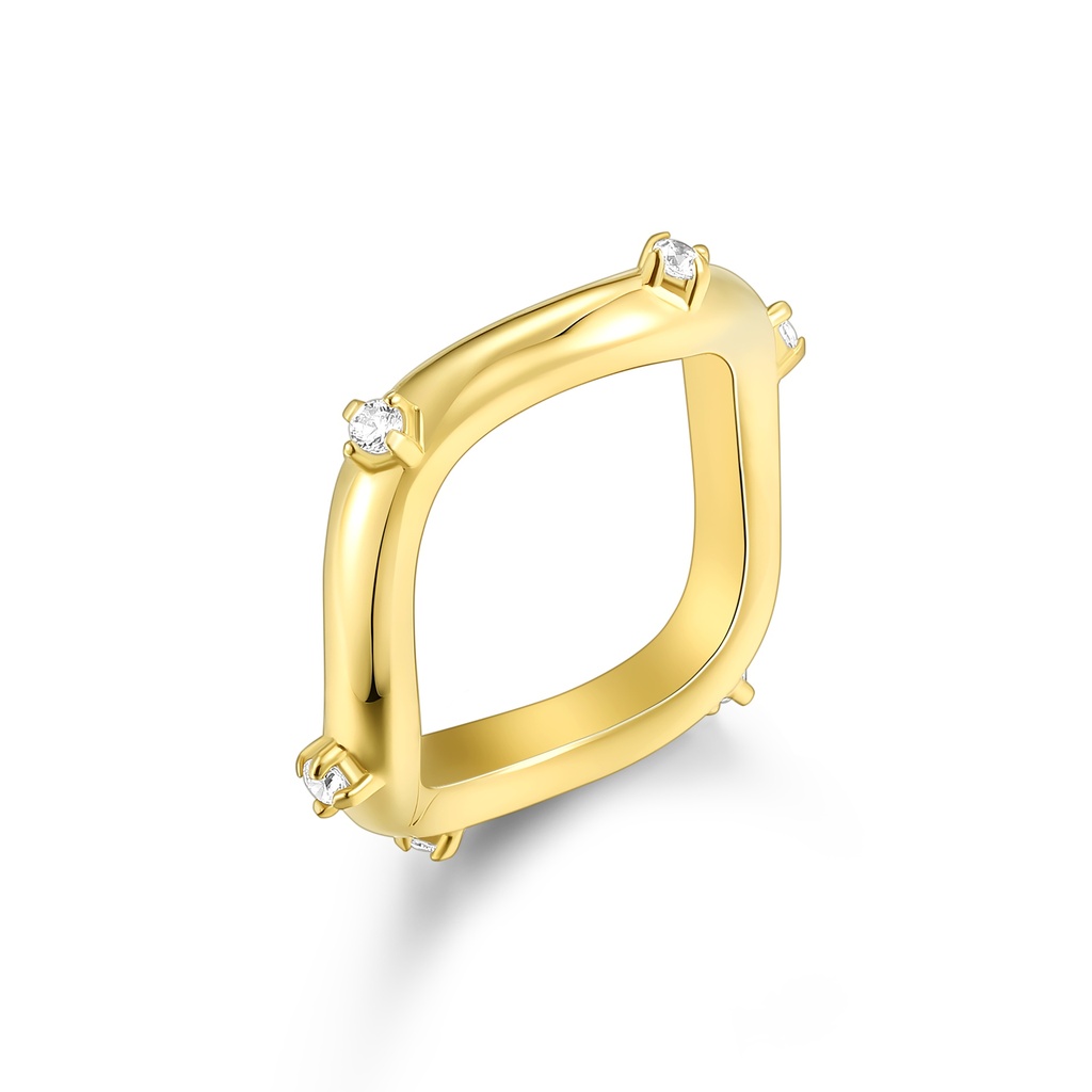Golden Square Stainless Steel Ring with Sparkling Crystal Accents