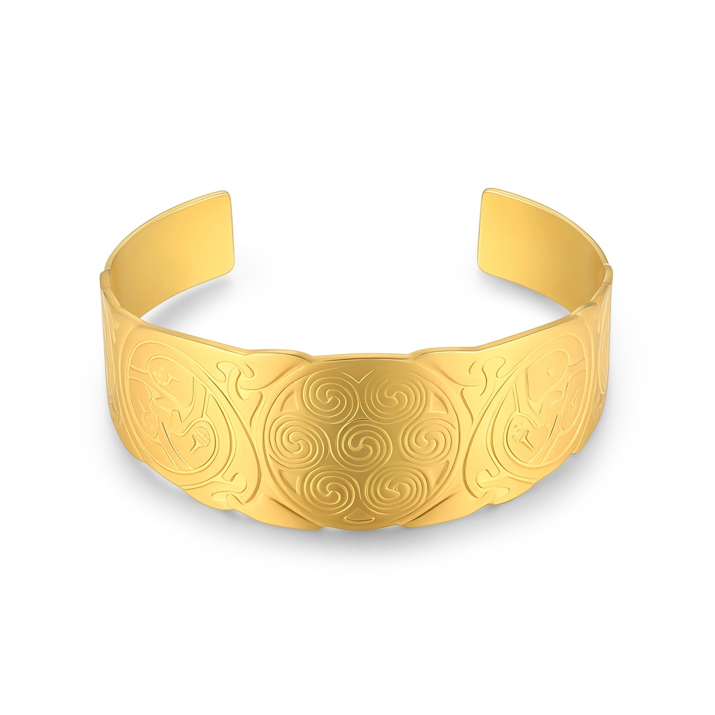 Golden Stainless Steel Cuff Bracelet with Tribal Pattern Engraving