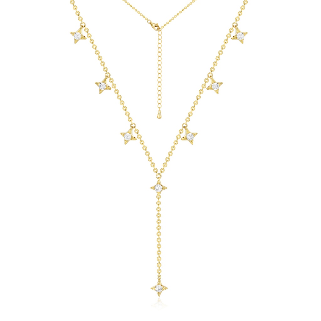Golden Star Charm Lariat Necklace with Sparkling Zirconia Touch