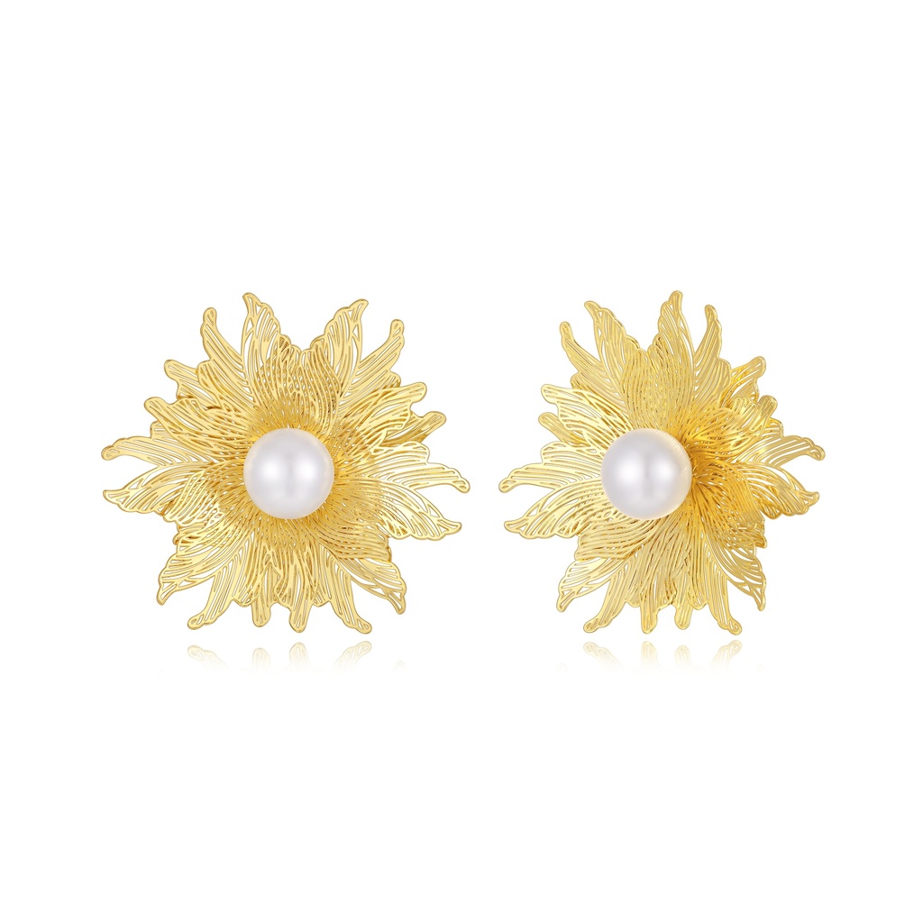Golden Sunflower Pearl Stud Earrings, Nature-Inspired Brass Design