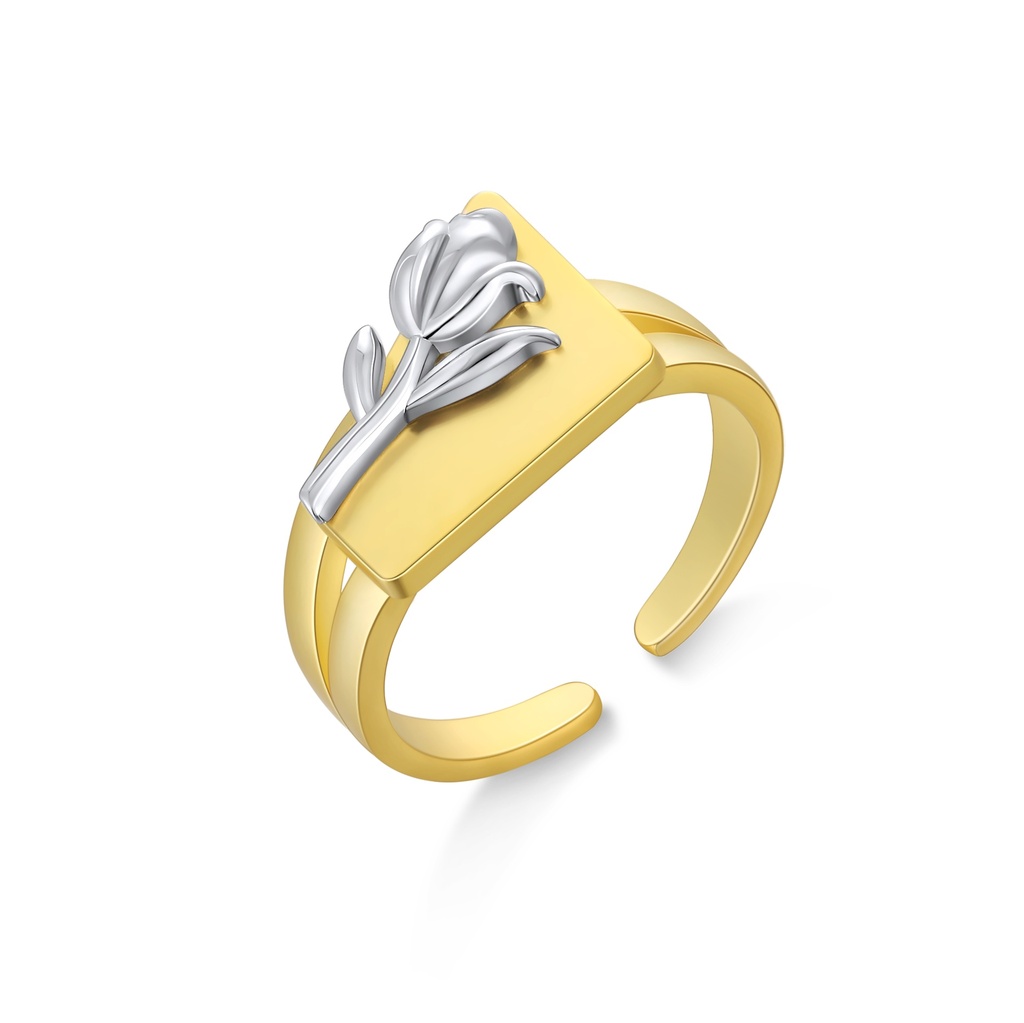 Golden brass ring with tulip flower silver motif top