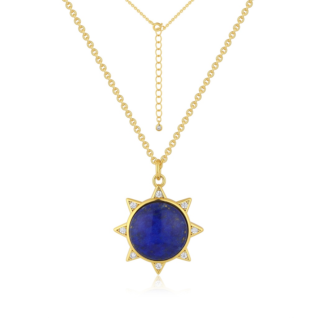 Golden sunburst necklace with lapis center and crystal tips