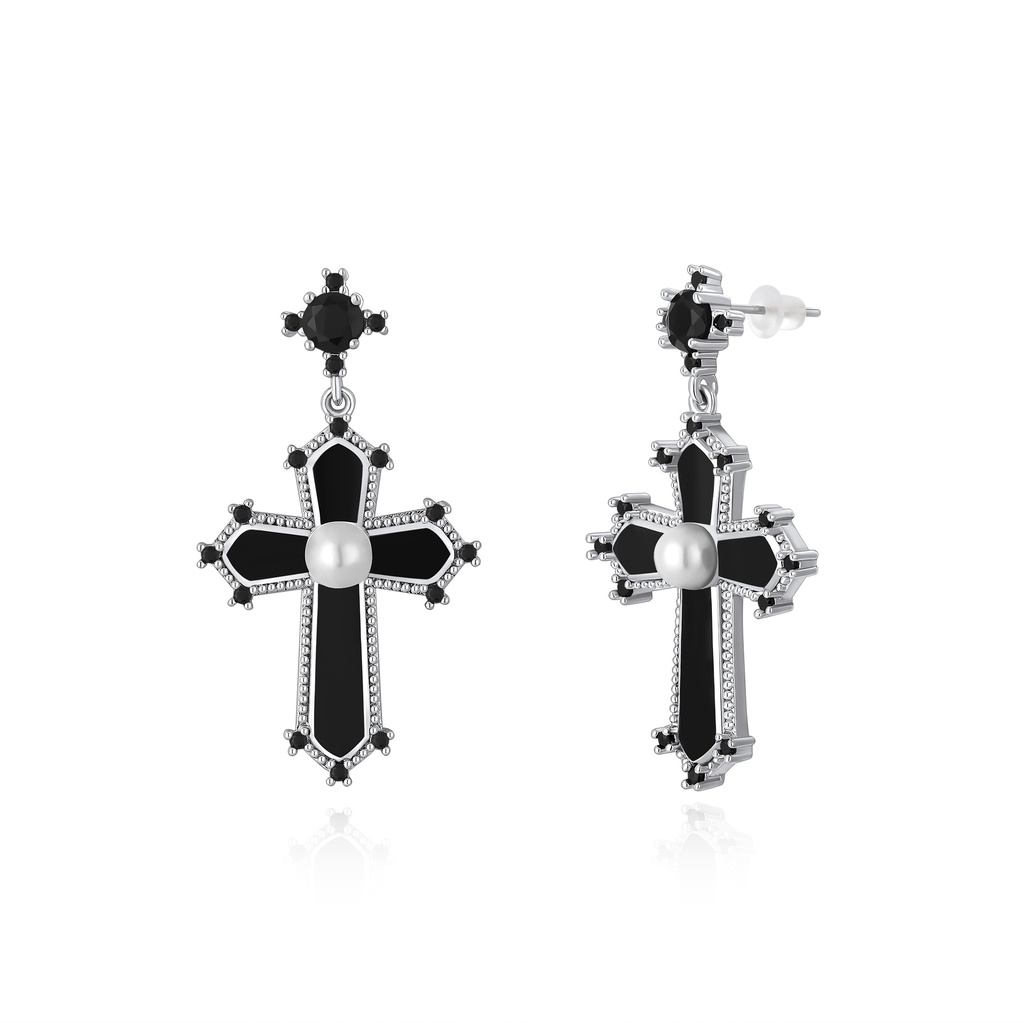 Gothic Cross Brass Earrings with Pearl and Black Enamel