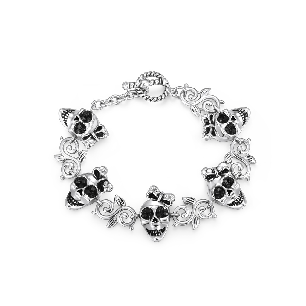 Gothic Stainless Steel Skull Bracelet with Black Crystal Accents