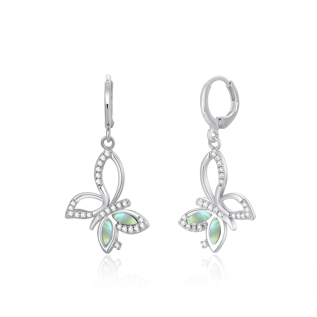 Graceful Butterfly Drop Earrings with Abalone Shell and Zircon Sparkle
