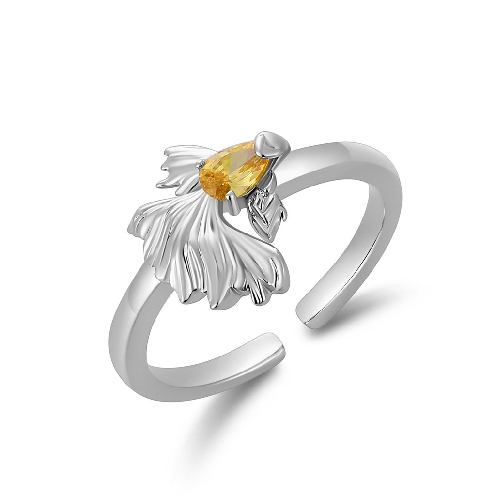Graceful fish motif ring with yellow teardrop crystal accent