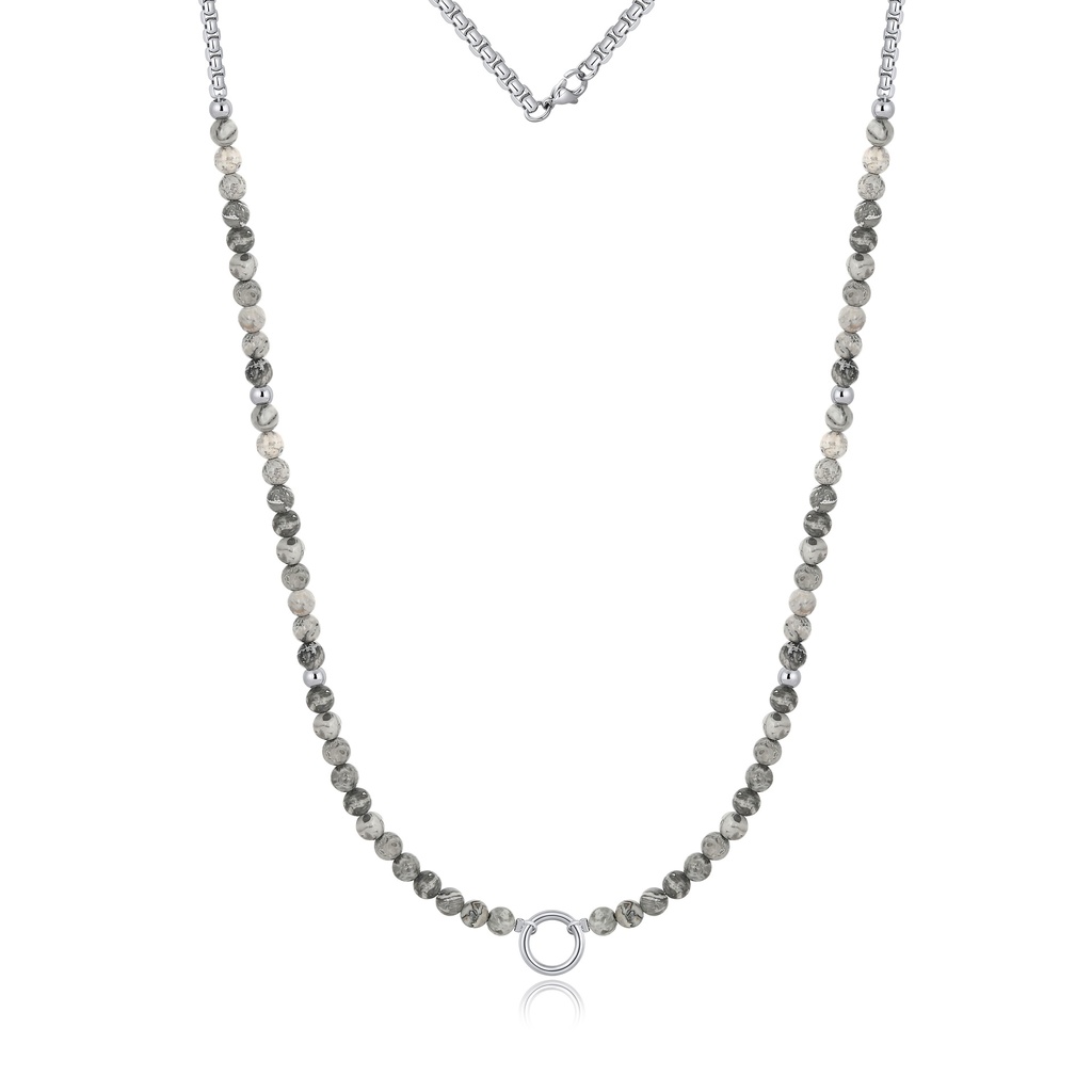 Gray Jasper Beaded Necklace with Stainless Steel Ring Accent