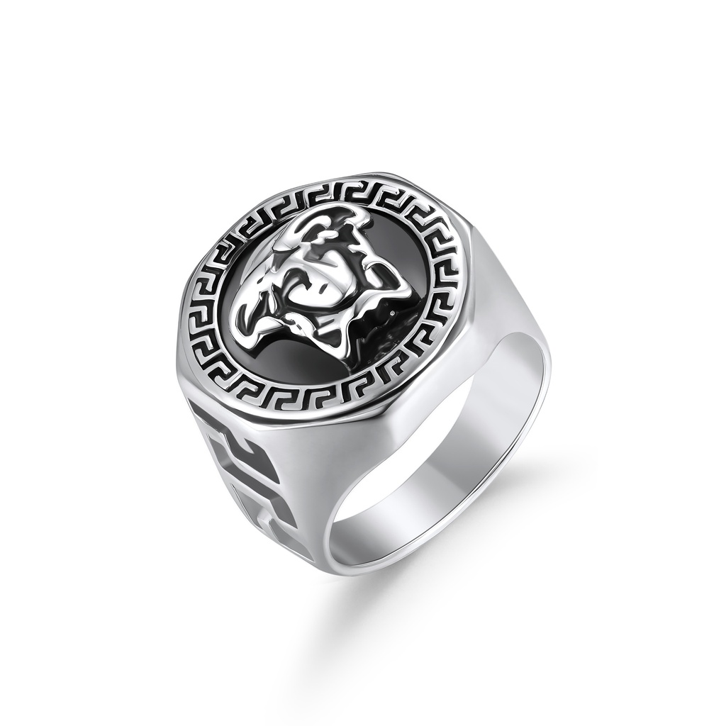 Greek Key Lion Head Stainless Steel Bold Statement Ring