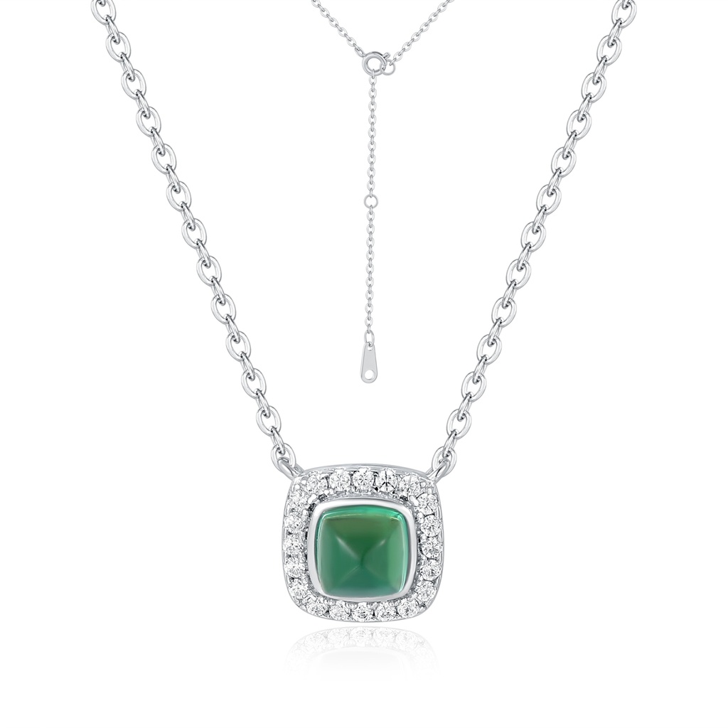 Green Agate Necklace with Cubic Zirconia Halo in Silver Setting