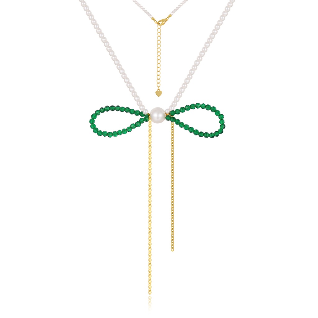 Green Beaded Bow Pearl Drop Brass Necklace