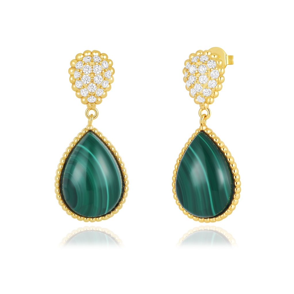 Green Gem Drop Earrings with Crystal-Studded Teardrop Tops