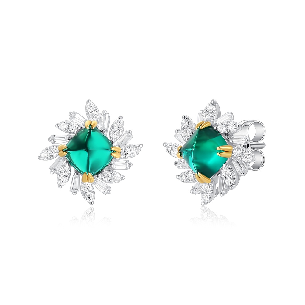 Green Gem Sunburst Stud Earrings in Stainless Steel with Crystals