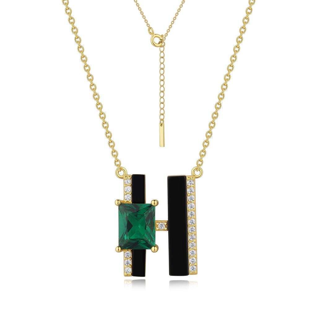 Green Stone and Black Enamel Geometric Brass Pendant Necklace