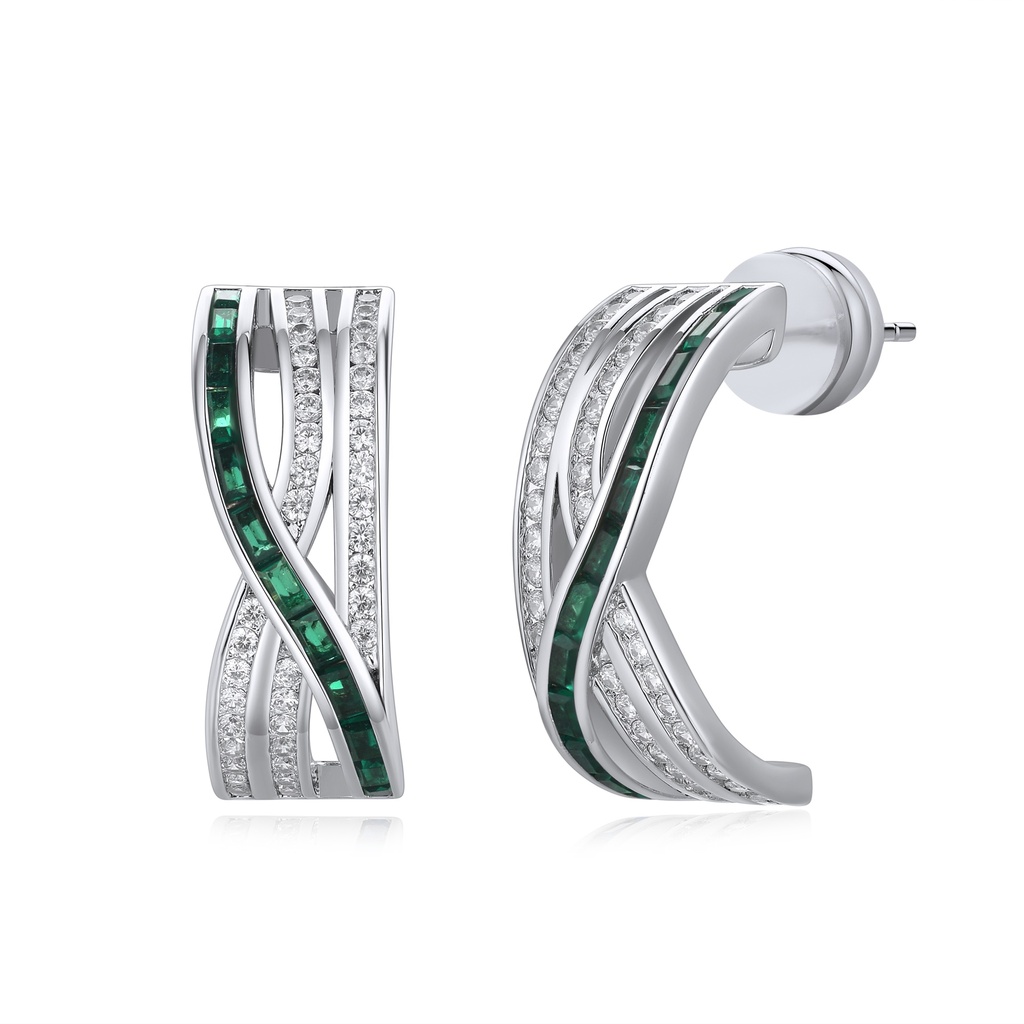 Green Wave Hoop Earrings With CZ Inlaid Brass Design