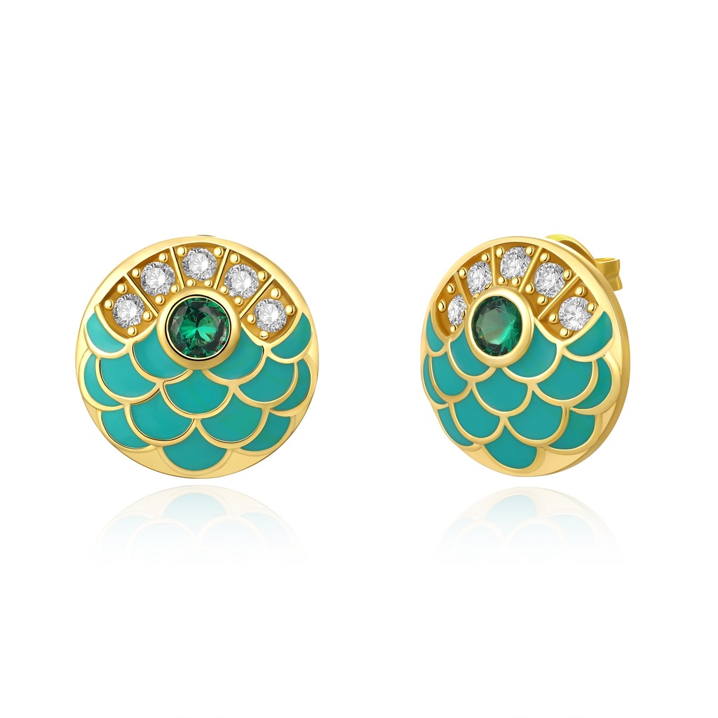 Green enamel stud earrings with peacock scale and gem detailing.