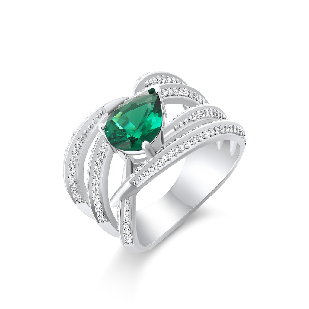 Green teardrop gem framed by layered sparkling banded arches