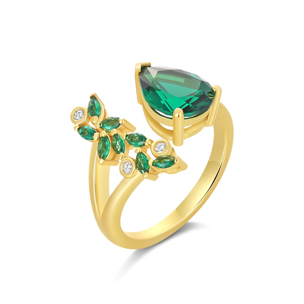 Green zircon leaves entwine with teardrop gem, nature inspired