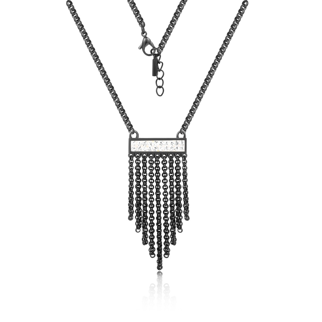 Gunmetal Stainless Steel Fringe Necklace with Crystal Bar Pendant Adjustable