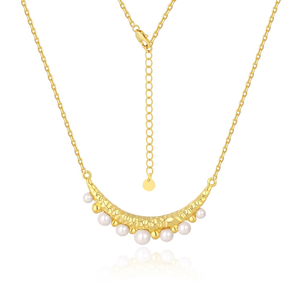 Hammered Gold Crescent Necklace With Dangling Pearls And Charm Detail