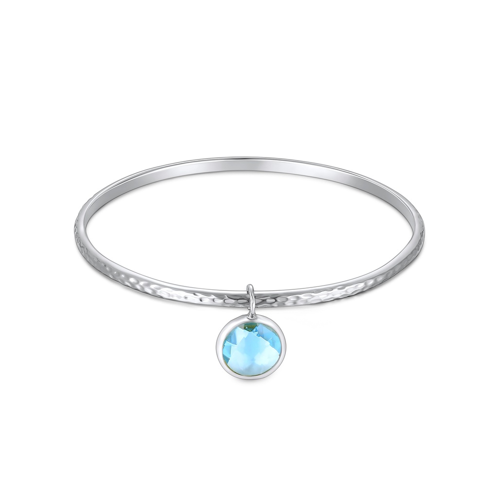 Hammered Stainless Steel Bangle with Dangling Blue Crystal Charm