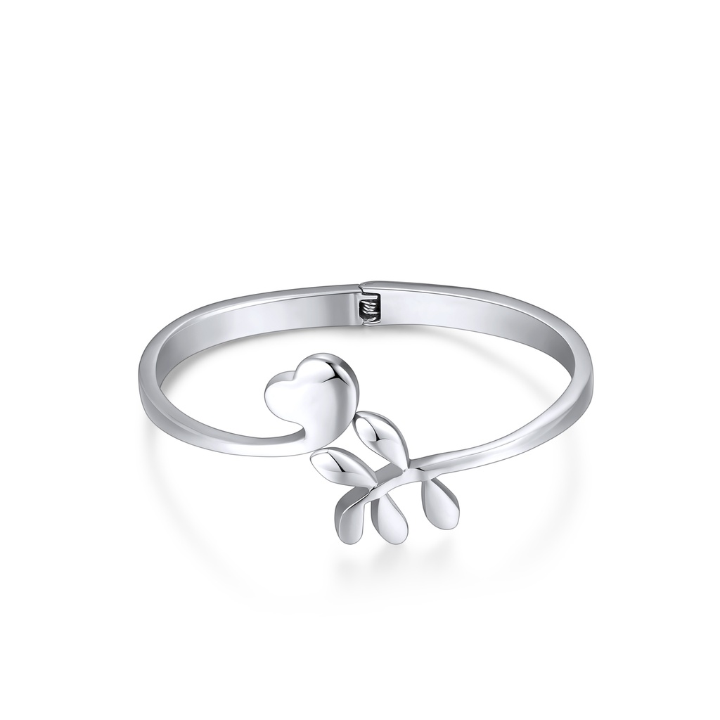 Heart and leaf motif open cuff bracelet in stainless steel.