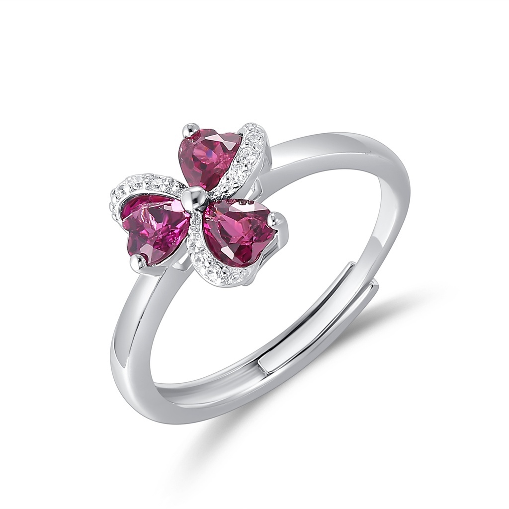 Heart-Shaped Pink Stone Ring with Crystal Clover Design