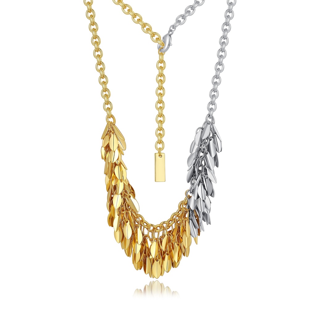 Bold Dual-Tone Fringe Necklace with Gold & Silver Leaves