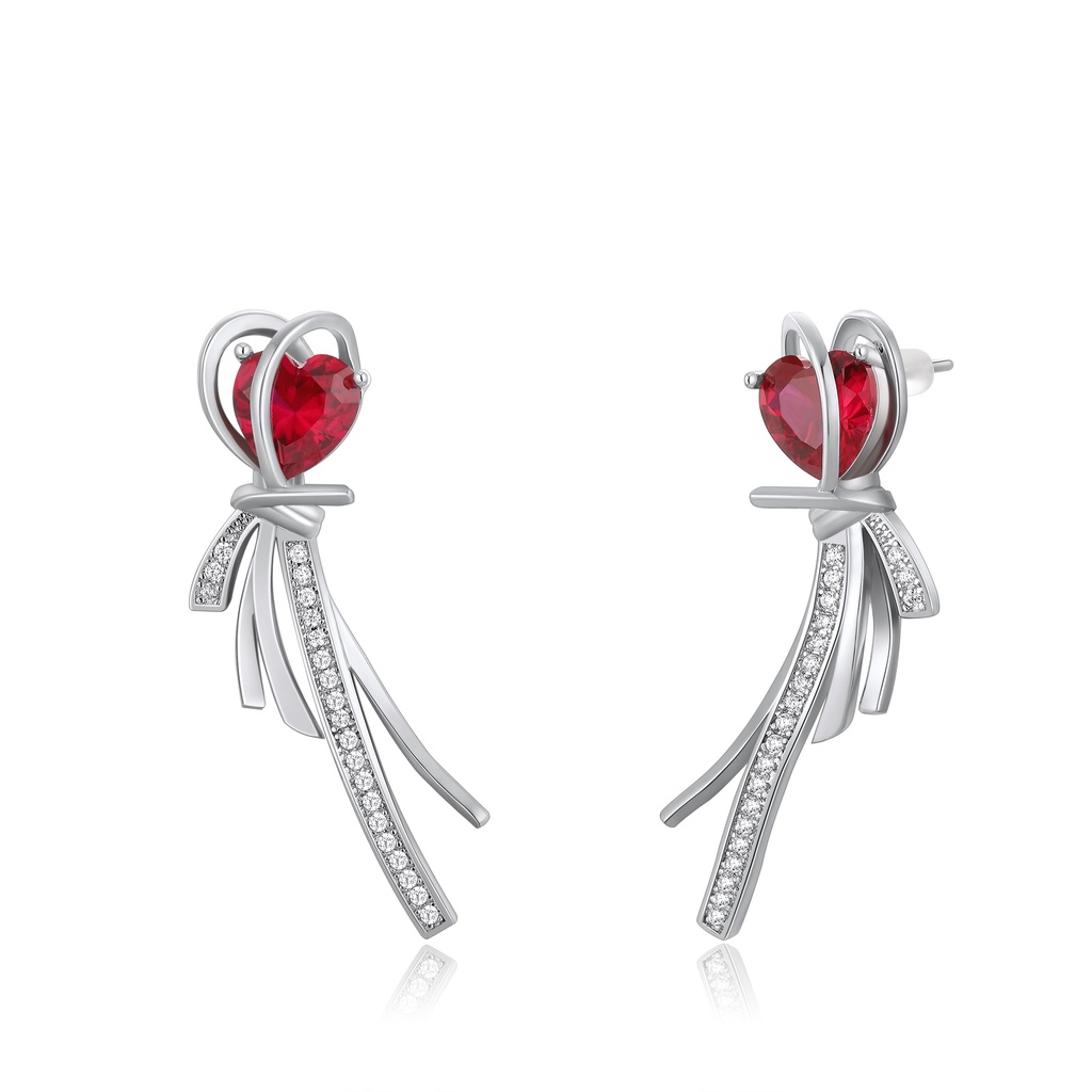 Heart-Shaped Red Gem and Silver Ribbon Dangle Earrings