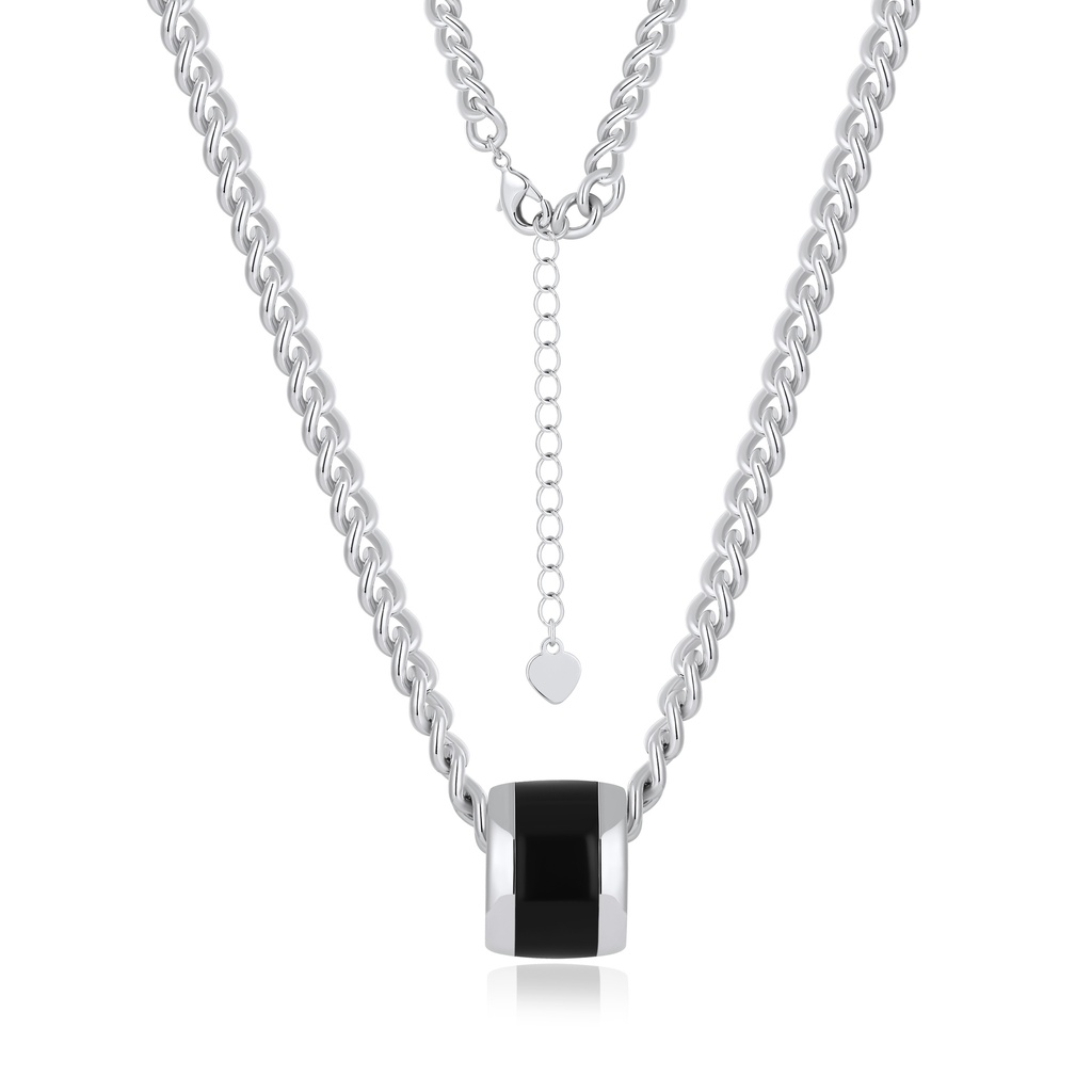 Heavy silver chain necklace with glossy black barrel centerpiece charm.