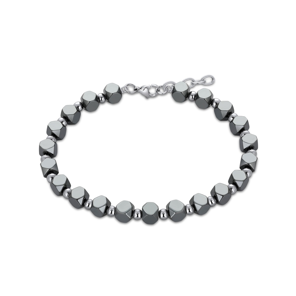 Hematite Beaded Bracelet with Stainless Steel Accents and Adjustable Chain