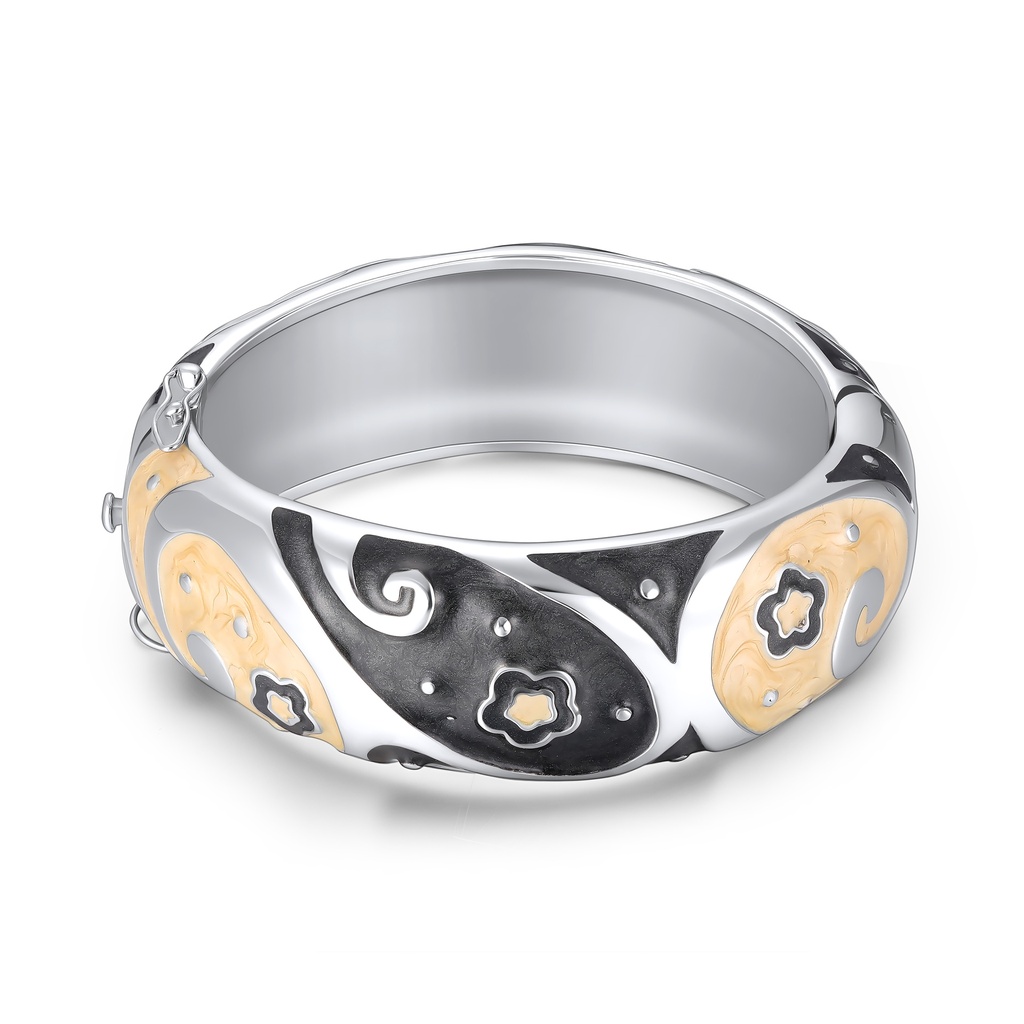 Bold Enamel Stainless Steel Bangle with Floral Swirl Motifs