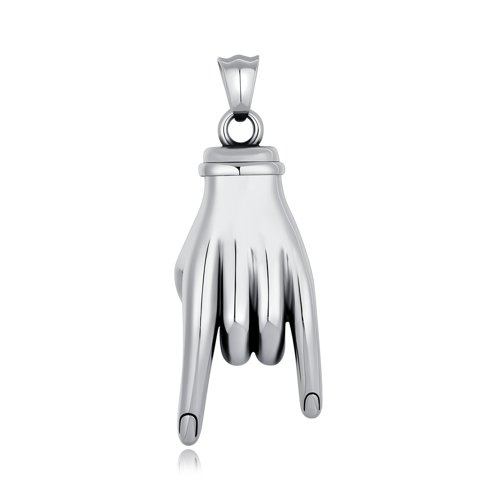 Iconic hand symbol pendant crafted in gleaming stainless steel silver.