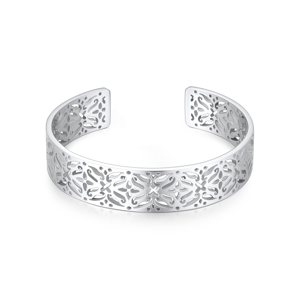 Intricate Cutout Stainless Steel Cuff Bracelet in Polished Silver Finish