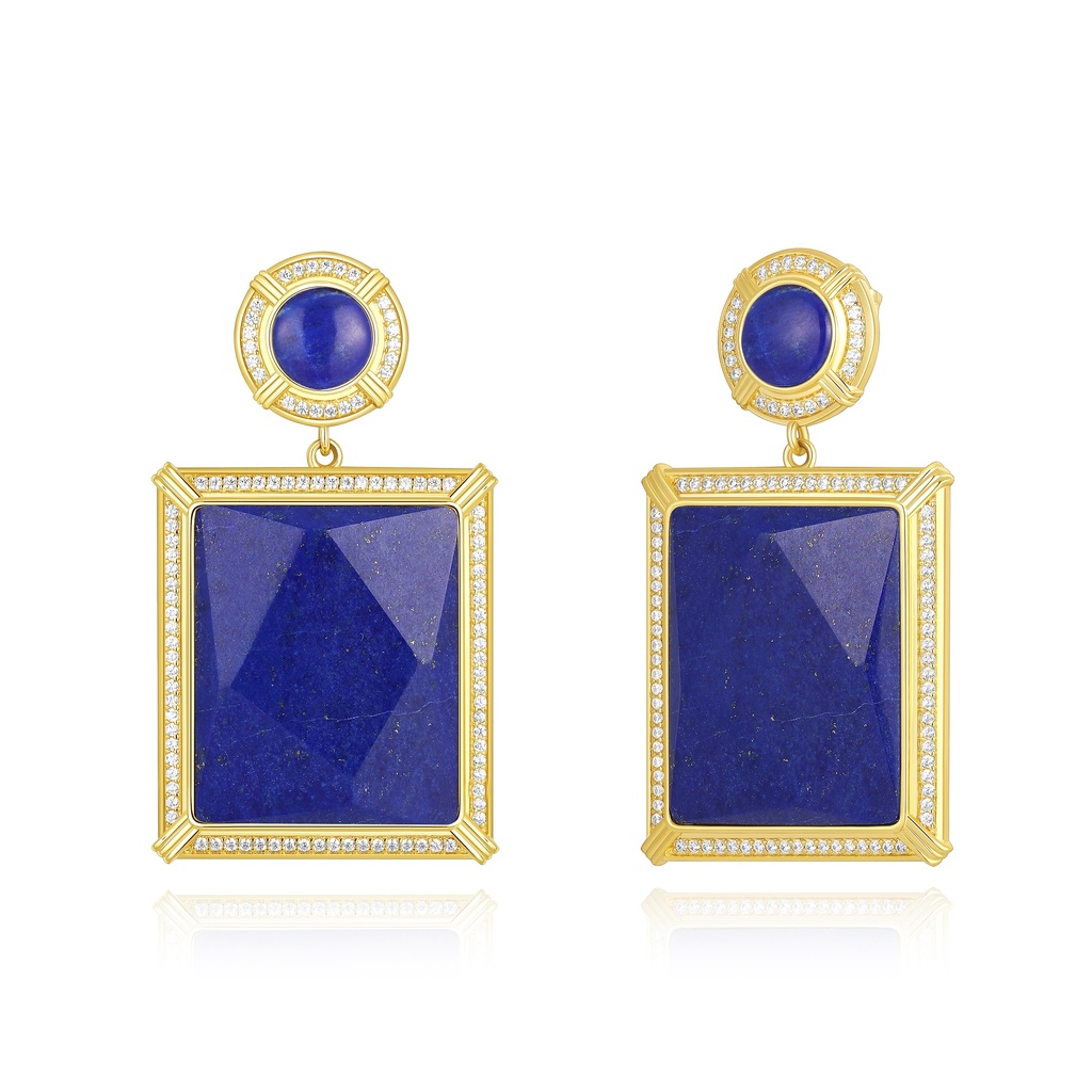 Bold Geometric Lapis Earrings Framed In Gold-Tone Brass