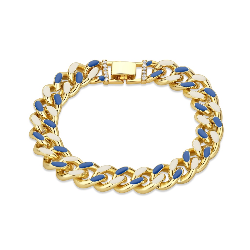 Bold Gold Cuban Chain Bracelet with Blue & White Enamel