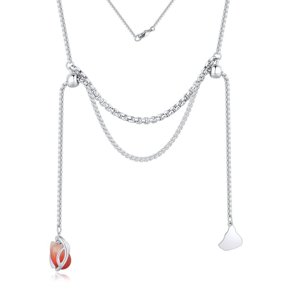 Layered Adjustable Brass Necklace with Red Stone and Charms