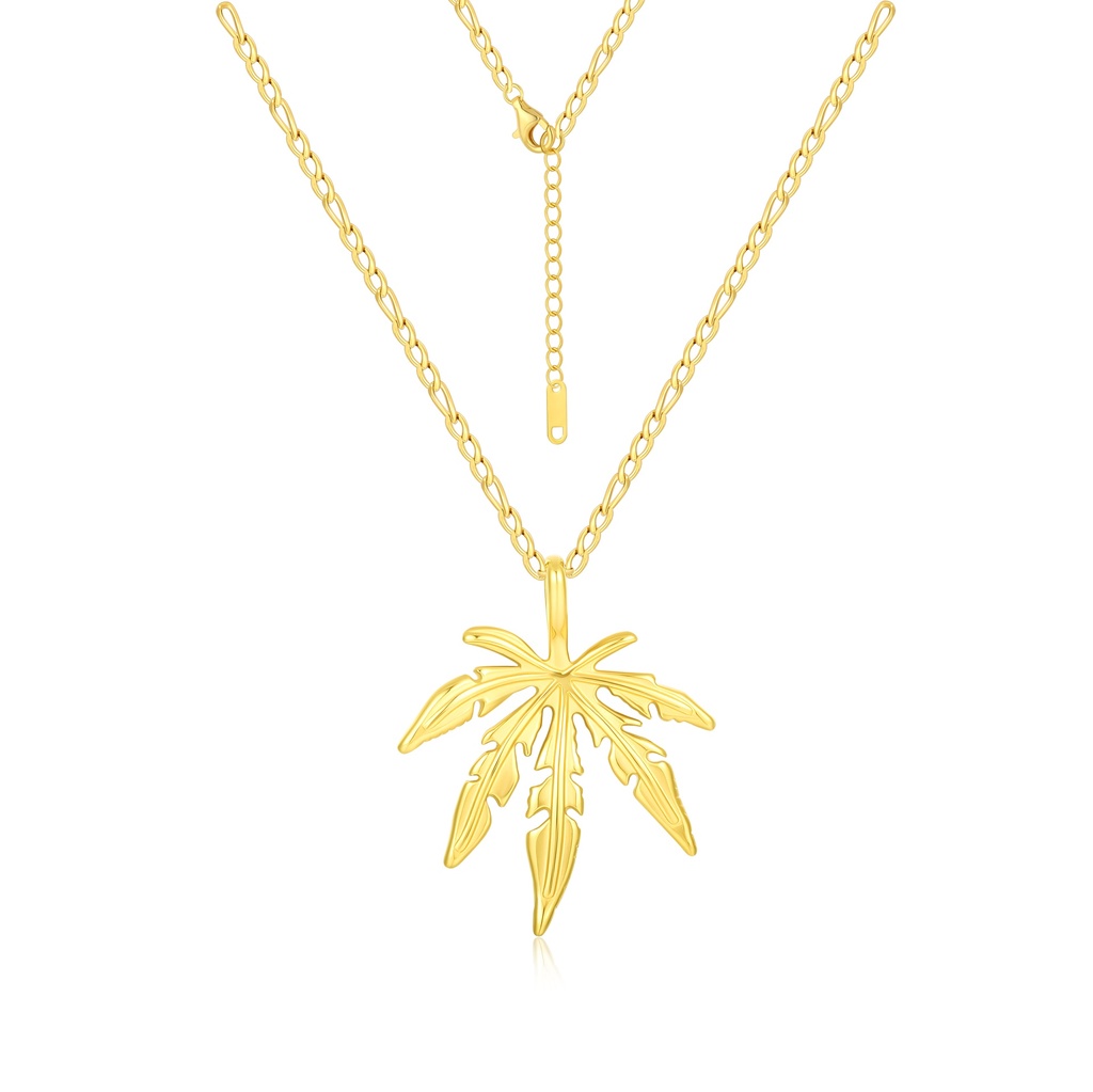 Bold Gold Leaf Pendant Necklace in Polished Stainless Steel Chain