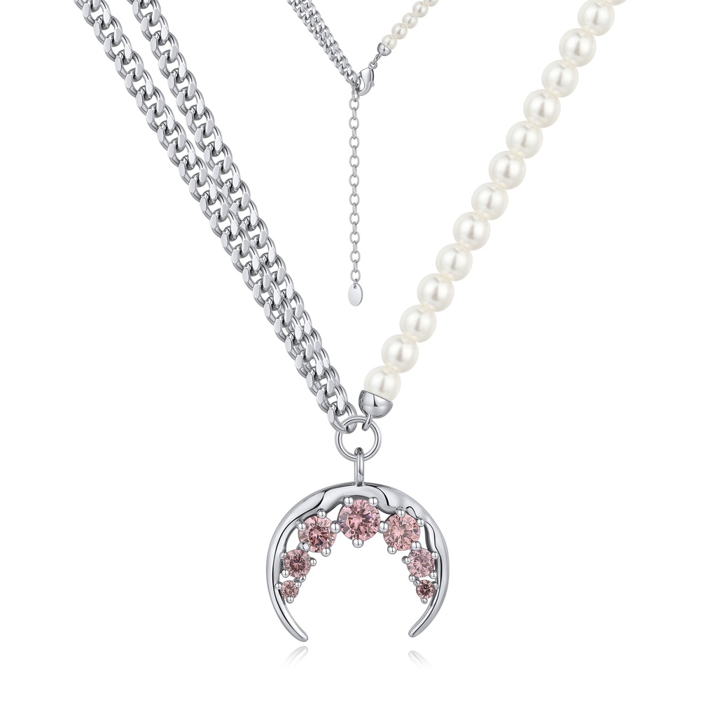 Layered Chain Pearl Necklace with Pink Crystal Crescent Charm