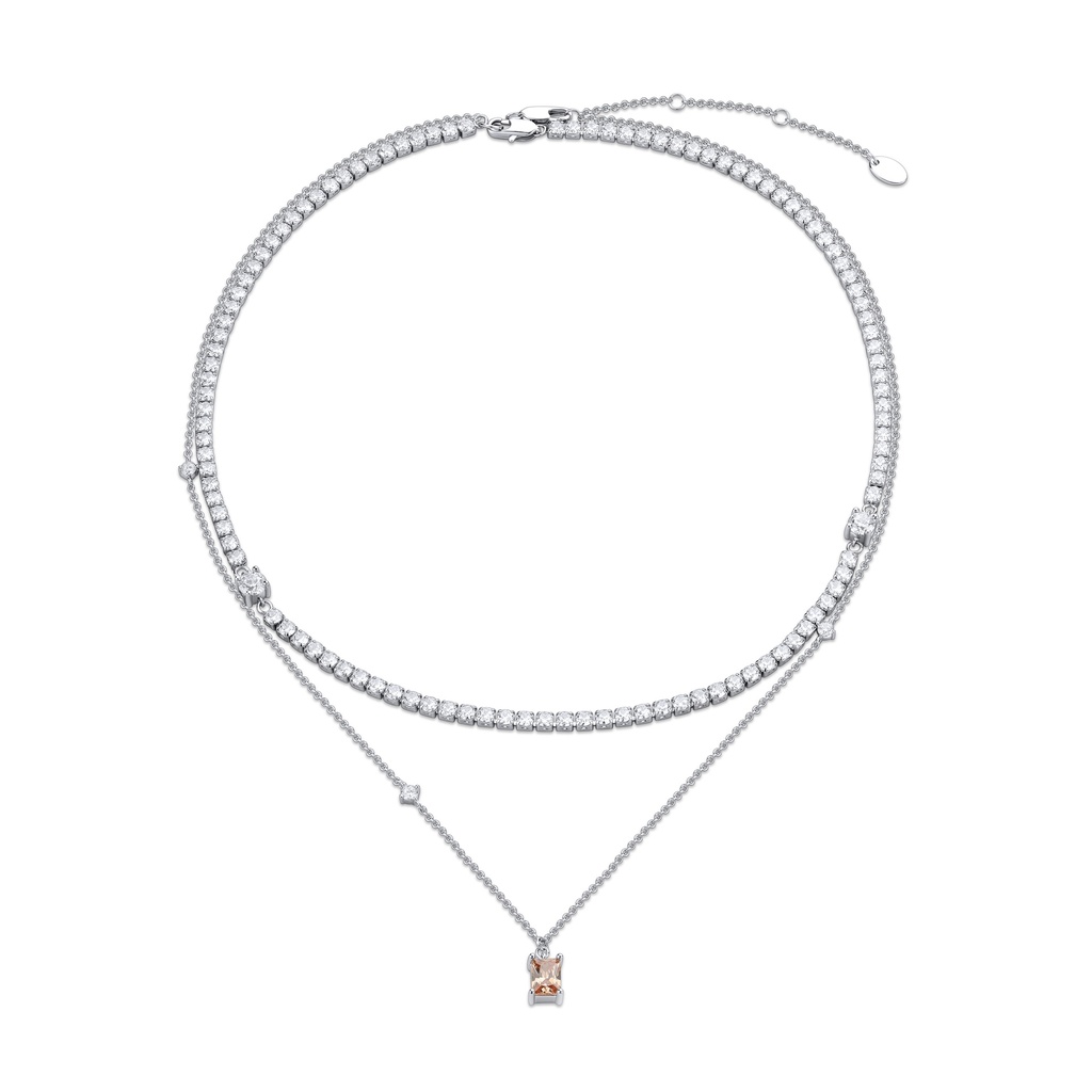 Layered Chain and Pearl Necklace with Pink Moon Pendant