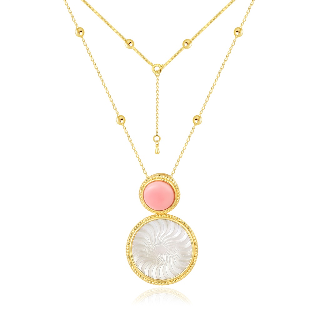 Layered Gold Necklace with Pink Accent and Clear Disc