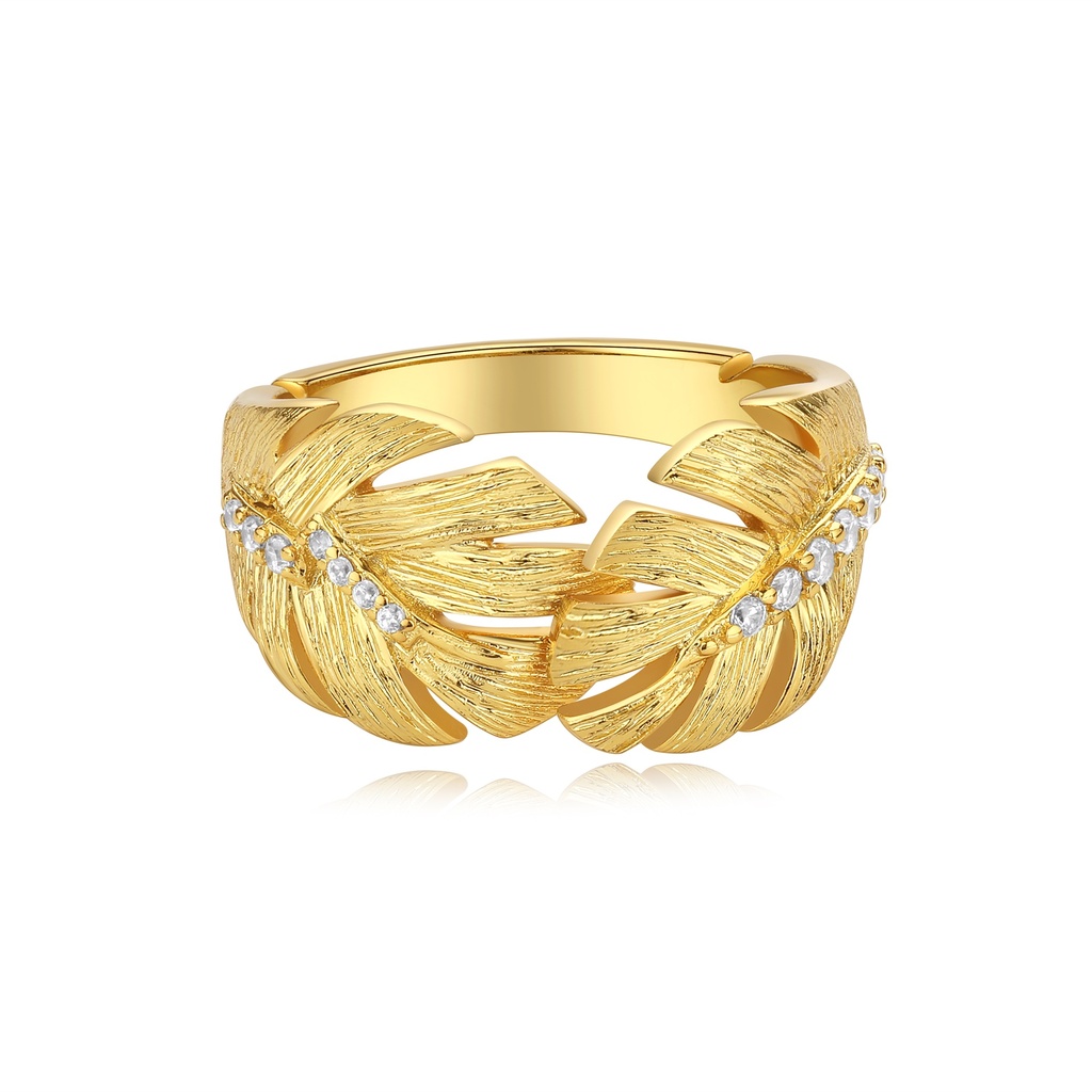 Bold Gold Leaf Ring with Textured Finish and Crystals