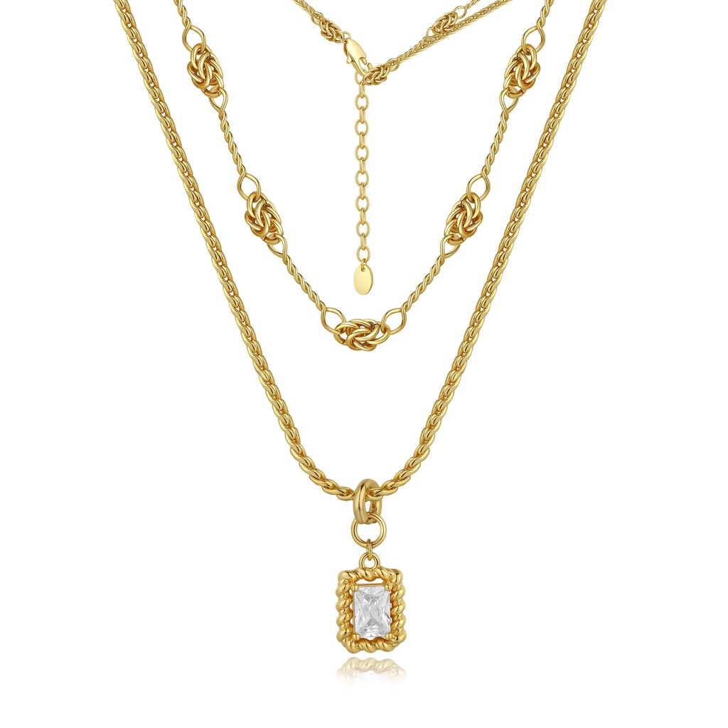 Layered Gold Rope Chain Necklace with CZ Pendant Charm