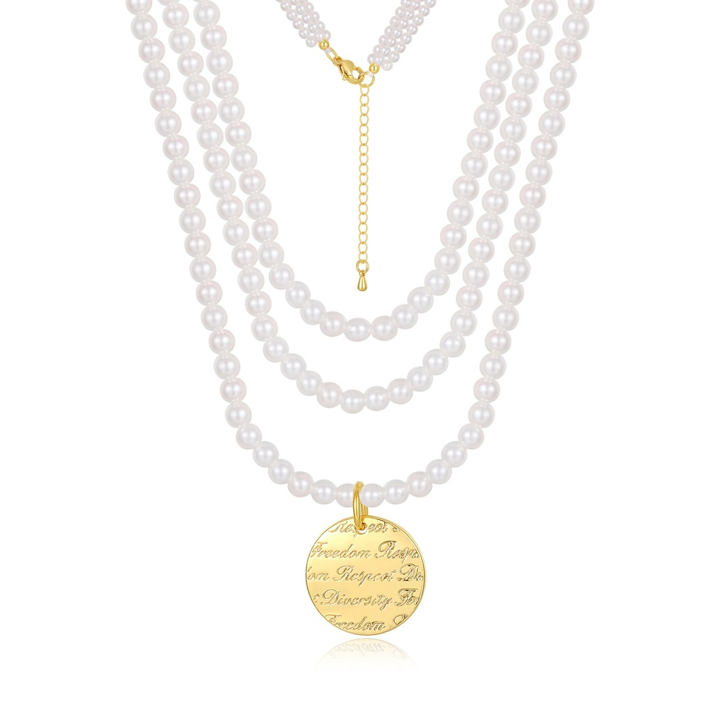 Layered Pearl Necklace with Scripted Gold Round Medallion Charm